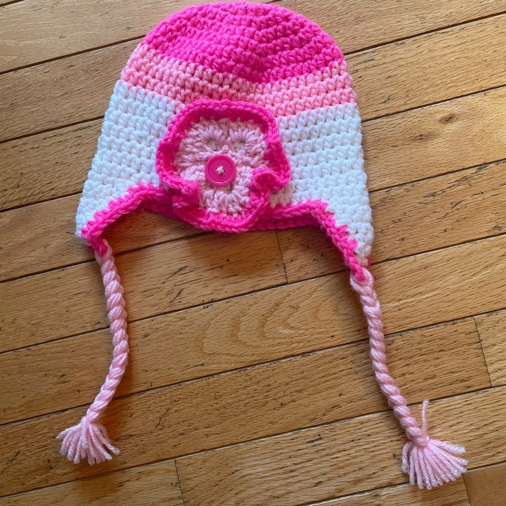 Handcrafted Pink and White Kids Hat with Flower